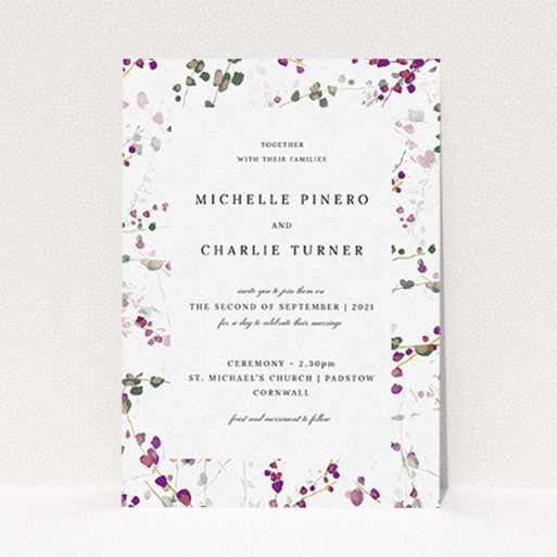 A wedding invite card named "Purple Lupine". It is an A6 invite in a portrait orientation. "Purple Lupine" is available as a flat invite, with tones of purple, pink and dark green.
