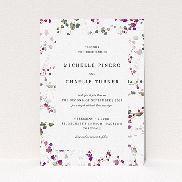 A wedding invite card named "Purple Lupine". It is an A6 invite in a portrait orientation. "Purple Lupine" is available as a flat invite, with tones of purple, pink and dark green.