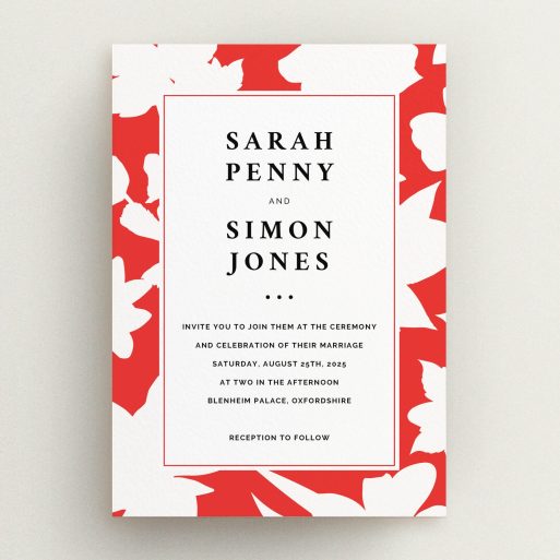 A wedding invite card template titled "Red Flowers". It is an A5 invite in a portrait orientation. "Red Flowers" is available as a flat invite, with tones of red and white.