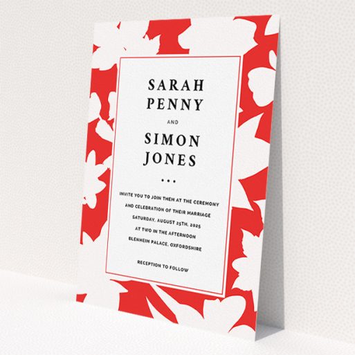 A wedding invite card template titled 'Red Flowers'. It is an A5 invite in a portrait orientation. 'Red Flowers' is available as a flat invite, with tones of red and white.