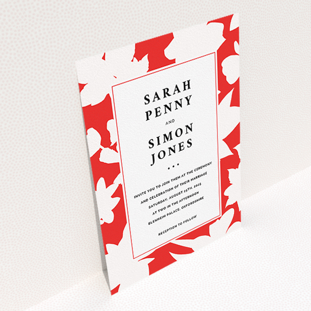 A wedding invite card template titled "Red Flowers". It is an A5 invite in a portrait orientation. "Red Flowers" is available as a flat invite, with tones of red and white.