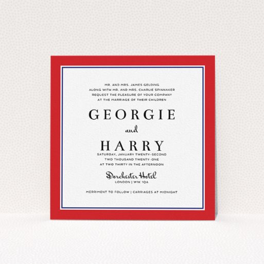 A wedding invite card called "Red with Blue". It is a square (148mm x 148mm) invite in a square orientation. "Red with Blue" is available as a flat invite, with tones of red and blue.