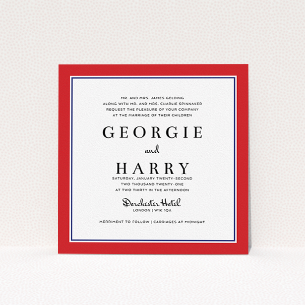 A wedding invite card called "Red with Blue". It is a square (148mm x 148mm) invite in a square orientation. "Red with Blue" is available as a flat invite, with tones of red and blue.