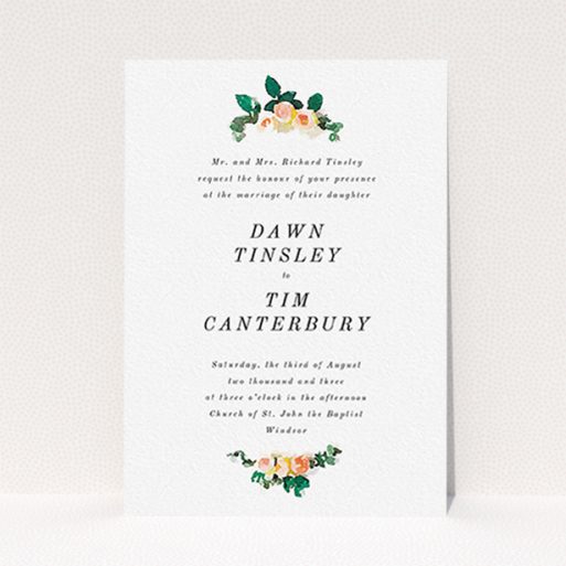 A wedding invite card design named "Rose bouquet". It is an A6 invite in a portrait orientation. "Rose bouquet" is available as a flat invite, with tones of white and green.