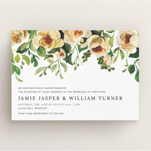 A wedding invite card template titled "Rose Garden Wall". It is an A5 invite in a landscape orientation. "Rose Garden Wall" is available as a flat invite, with mainly pink colouring.