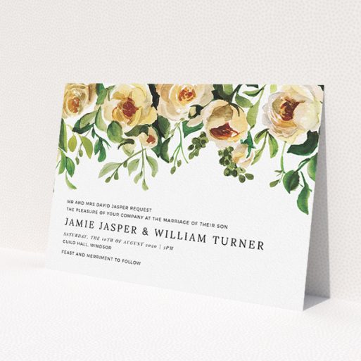 A wedding invite card template titled 'Rose Garden Wall'. It is an A5 invite in a landscape orientation. 'Rose Garden Wall' is available as a flat invite, with mainly pink colouring.