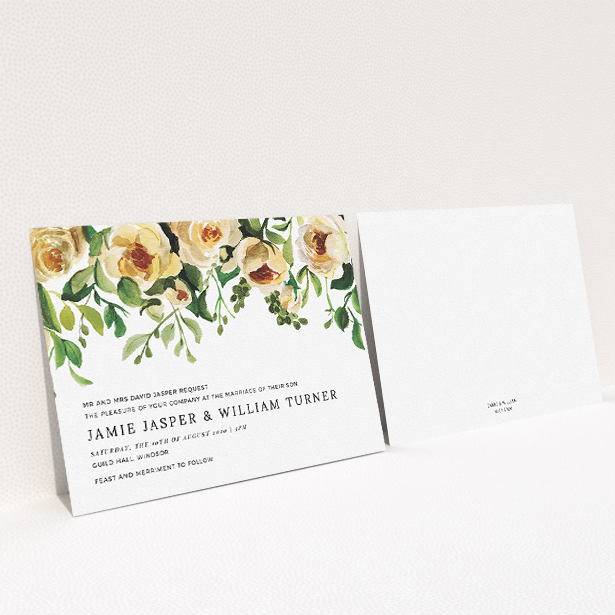 A wedding invite card template titled "Rose Garden Wall". It is an A5 invite in a landscape orientation. "Rose Garden Wall" is available as a flat invite, with mainly pink colouring.