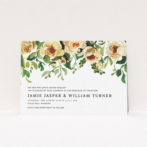 A wedding invite card called "Rose Garden Wall". It is an A6 invite in a landscape orientation. "Rose Garden Wall" is available as a flat invite, with mainly pink colouring.