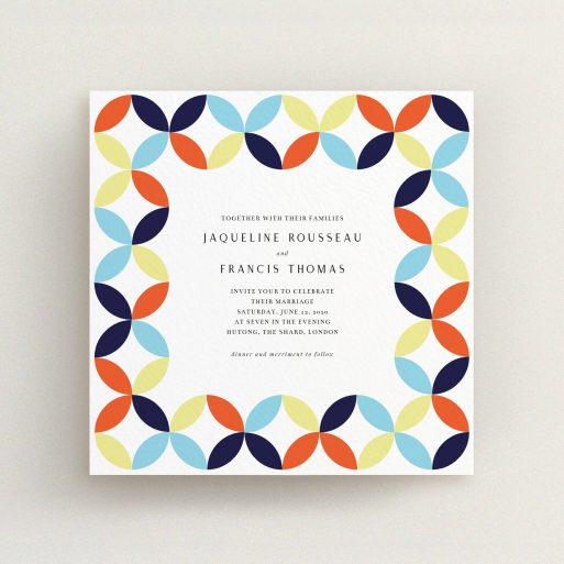 A wedding invite card design named "Round and Round". It is a square (148mm x 148mm) invite in a square orientation. "Round and Round" is available as a flat invite, with mainly light blue colouring.