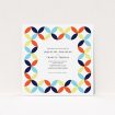 A wedding invite card design named "Round and Round". It is a square (148mm x 148mm) invite in a square orientation. "Round and Round" is available as a flat invite, with mainly light blue colouring.