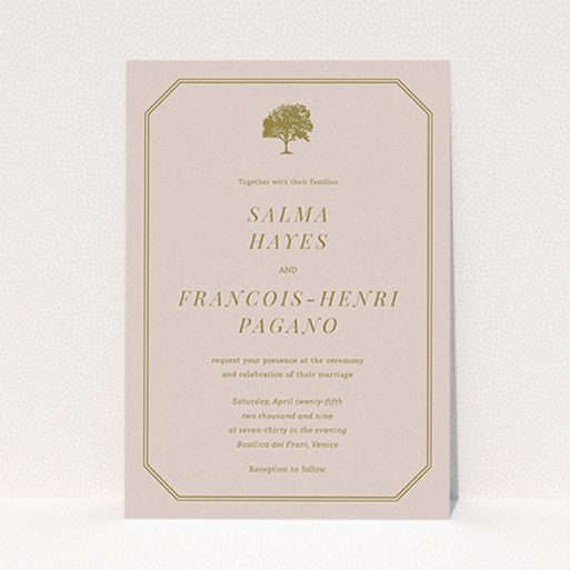 A wedding invite card design called "Royal oak". It is an A6 invite in a portrait orientation. "Royal oak" is available as a flat invite, with mainly dark cream colouring.