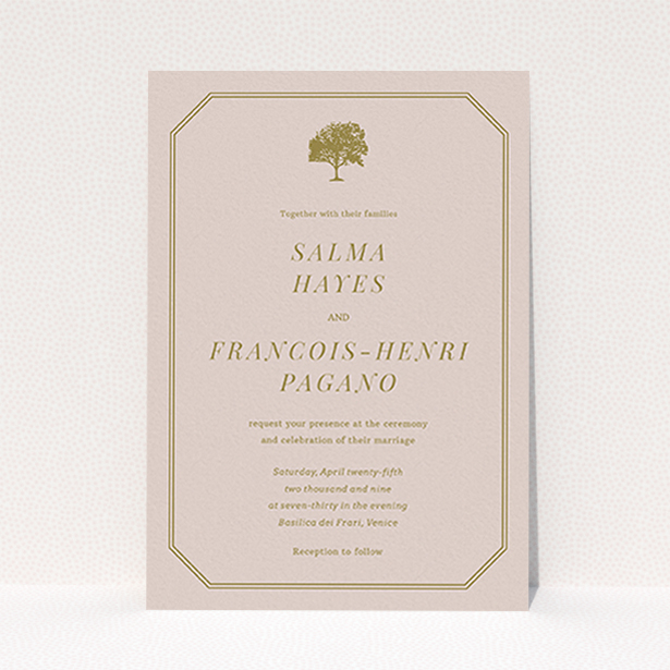 A wedding invite card design called "Royal oak". It is an A6 invite in a portrait orientation. "Royal oak" is available as a flat invite, with mainly dark cream colouring.