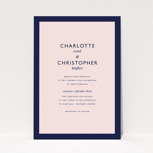 A wedding invite card design named "Script switch". It is an A5 invite in a portrait orientation. "Script switch" is available as a flat invite, with tones of navy blue and pink.