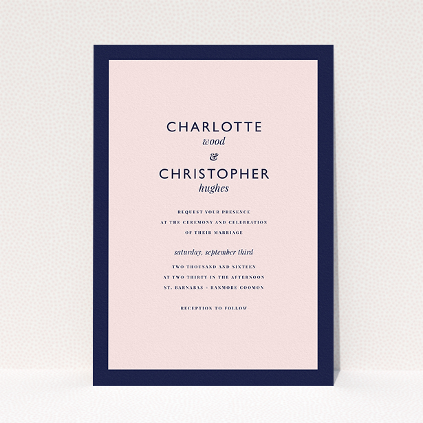 A wedding invite card design named "Script switch". It is an A5 invite in a portrait orientation. "Script switch" is available as a flat invite, with tones of navy blue and pink.