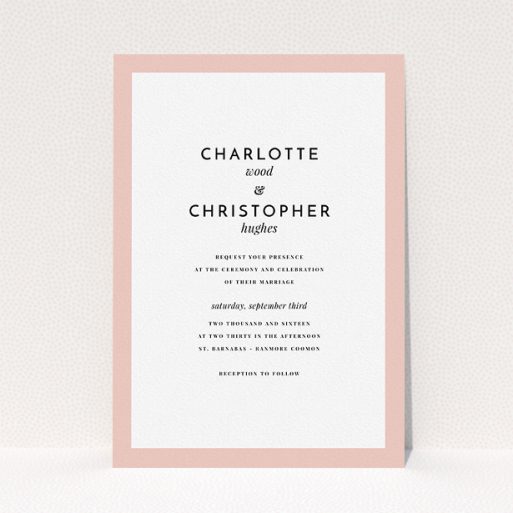 A wedding invite card template titled "Script switch". It is an A5 invite in a portrait orientation. "Script switch" is available as a flat invite, with tones of pink and white.
