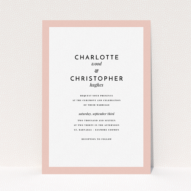A wedding invite card template titled "Script switch". It is an A5 invite in a portrait orientation. "Script switch" is available as a flat invite, with tones of pink and white.