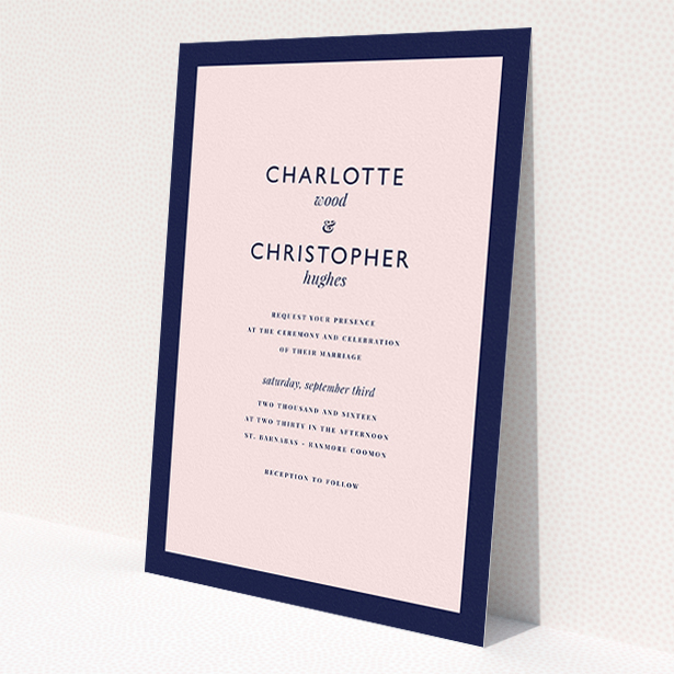 A wedding invite card design named 'Script switch'. It is an A5 invite in a portrait orientation. 'Script switch' is available as a flat invite, with tones of navy blue and pink.