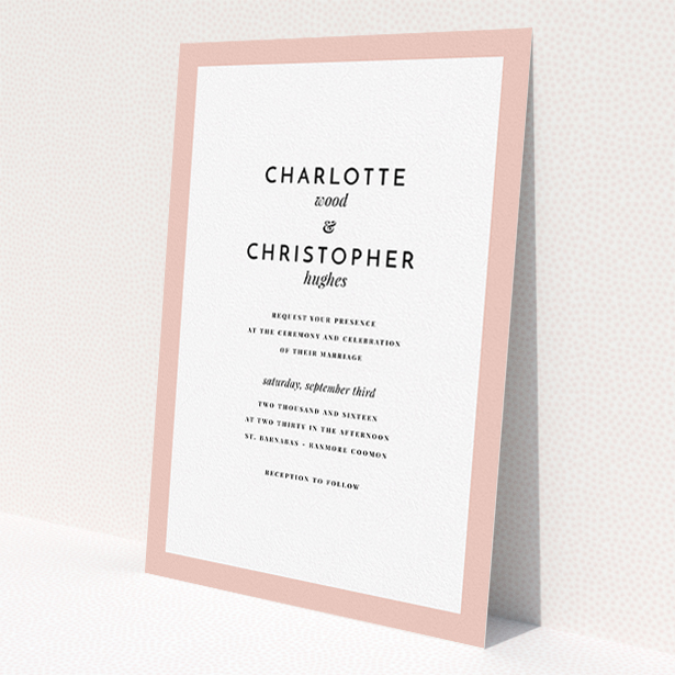 A wedding invite card template titled 'Script switch'. It is an A5 invite in a portrait orientation. 'Script switch' is available as a flat invite, with tones of pink and white.