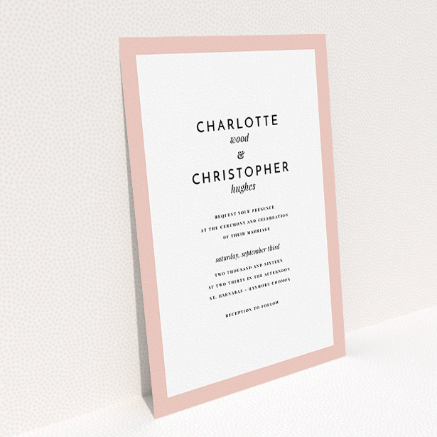 A wedding invite card template titled "Script switch". It is an A5 invite in a portrait orientation. "Script switch" is available as a flat invite, with tones of pink and white.