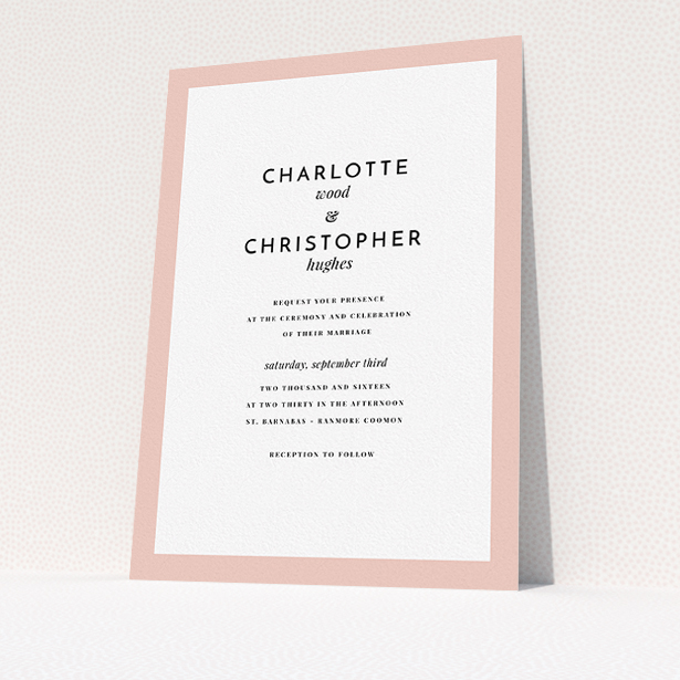 A wedding invite card template titled "Script switch". It is an A5 invite in a portrait orientation. "Script switch" is available as a flat invite, with tones of pink and white.