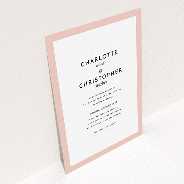 A wedding invite card template titled "Script switch". It is an A5 invite in a portrait orientation. "Script switch" is available as a flat invite, with tones of pink and white.