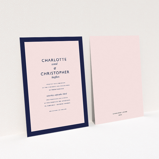 A wedding invite card design named "Script switch". It is an A5 invite in a portrait orientation. "Script switch" is available as a flat invite, with tones of navy blue and pink.