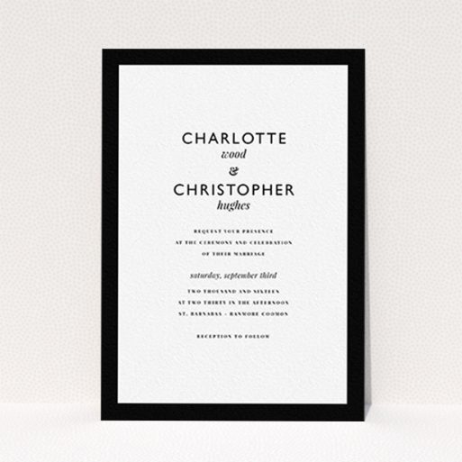 A wedding invite card named "Script switch". It is an A6 invite in a portrait orientation. "Script switch" is available as a flat invite, with tones of black and white.