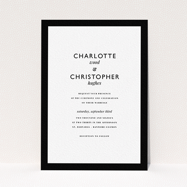 A wedding invite card named "Script switch". It is an A6 invite in a portrait orientation. "Script switch" is available as a flat invite, with tones of black and white.