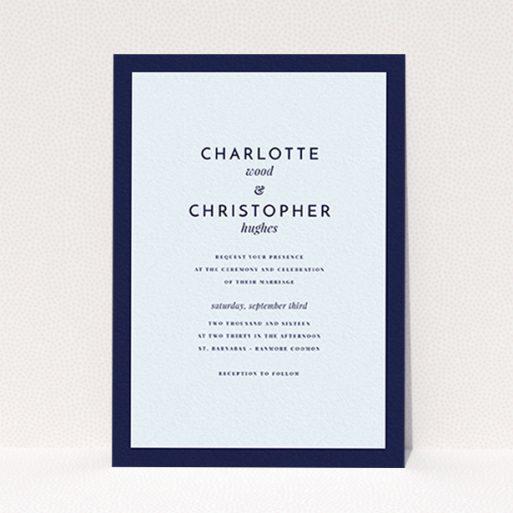 A wedding invite card template titled "Script switch". It is an A6 invite in a portrait orientation. "Script switch" is available as a flat invite, with mainly blue colouring.