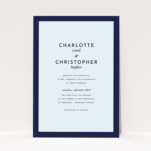 A wedding invite card template titled "Script switch". It is an A6 invite in a portrait orientation. "Script switch" is available as a flat invite, with mainly blue colouring.