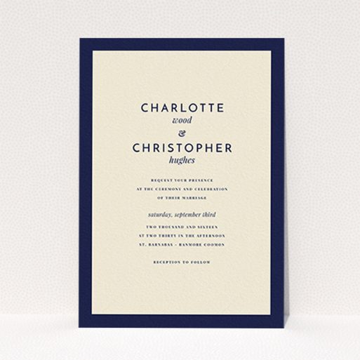 A wedding invite card named "Script switch". It is an A6 invite in a portrait orientation. "Script switch" is available as a flat invite, with tones of cream and navy blue.
