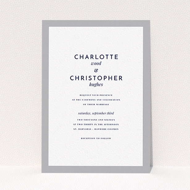 A wedding invite card design called "Script switch". It is an A6 invite in a portrait orientation. "Script switch" is available as a flat invite, with tones of grey and white.