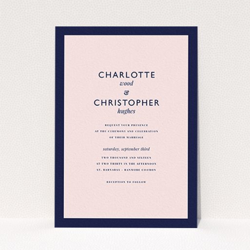 A wedding invite card template titled "Script switch". It is an A6 invite in a portrait orientation. "Script switch" is available as a flat invite, with tones of navy blue and pink.
