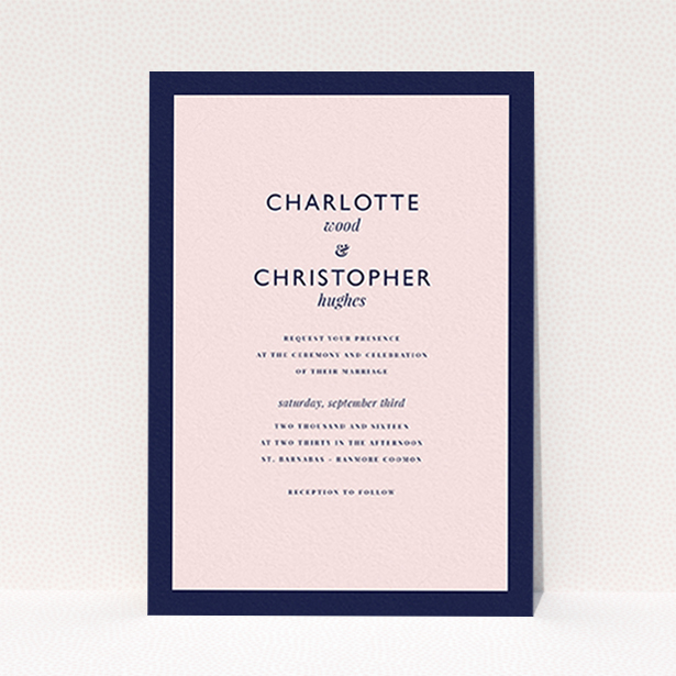 A wedding invite card template titled "Script switch". It is an A6 invite in a portrait orientation. "Script switch" is available as a flat invite, with tones of navy blue and pink.