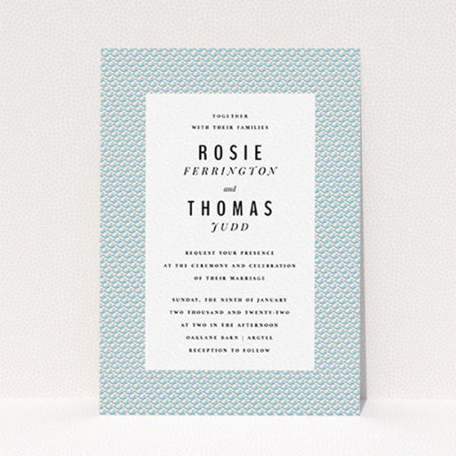 A wedding invite card design titled "Sealions". It is an A6 invite in a portrait orientation. "Sealions" is available as a flat invite, with tones of blue and pink.
