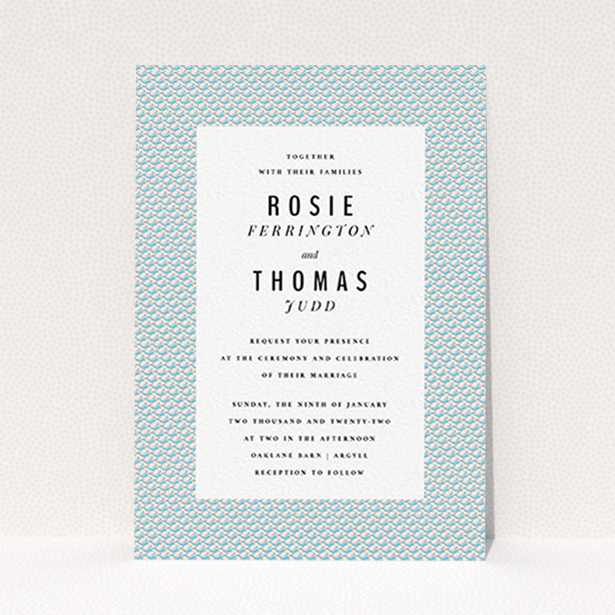 A wedding invite card design titled "Sealions". It is an A6 invite in a portrait orientation. "Sealions" is available as a flat invite, with tones of blue and pink.