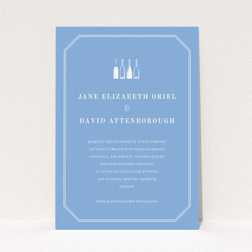 A wedding invite card design called "See you at the reception". It is an A5 invite in a portrait orientation. "See you at the reception" is available as a flat invite, with tones of blue and white.