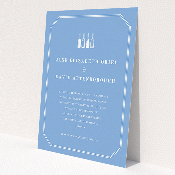 A wedding invite card design called 'See you at the reception'. It is an A5 invite in a portrait orientation. 'See you at the reception' is available as a flat invite, with tones of blue and white.