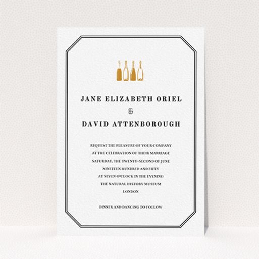 A wedding invite card template titled "See you at the reception". It is an A6 invite in a portrait orientation. "See you at the reception" is available as a flat invite, with tones of gold and black.