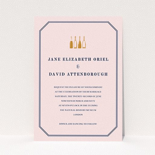 A wedding invite card design called "See you at the reception". It is an A6 invite in a portrait orientation. "See you at the reception" is available as a flat invite, with mainly pink colouring.