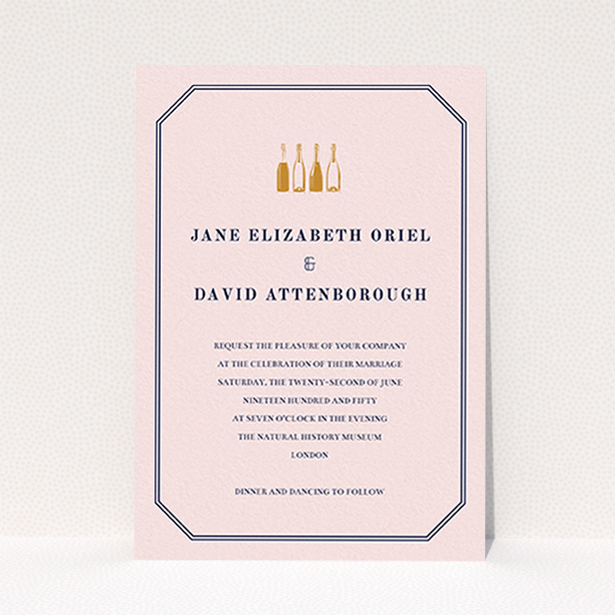 A wedding invite card design called "See you at the reception". It is an A6 invite in a portrait orientation. "See you at the reception" is available as a flat invite, with mainly pink colouring.