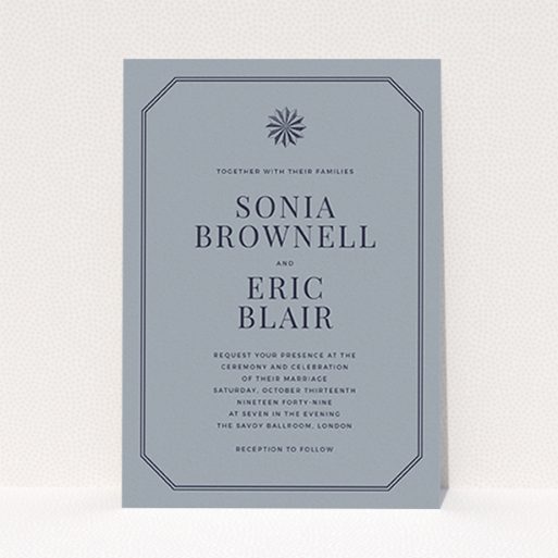 A wedding invite card named "Shaded sundial". It is an A6 invite in a portrait orientation. "Shaded sundial" is available as a flat invite, with tones of dark grey and navy blue.