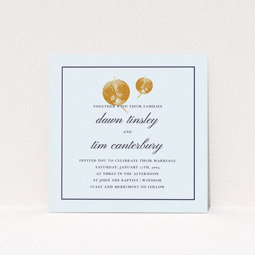 A wedding invite card design titled "Shanghai Nights". It is a square (148mm x 148mm) invite in a square orientation. "Shanghai Nights" is available as a flat invite, with tones of blue and gold.
