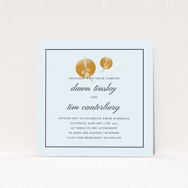 A wedding invite card design titled "Shanghai Nights". It is a square (148mm x 148mm) invite in a square orientation. "Shanghai Nights" is available as a flat invite, with tones of blue and gold.