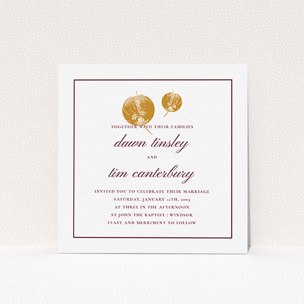 A wedding invite card design named "Shanghai Nights". It is a square (148mm x 148mm) invite in a square orientation. "Shanghai Nights" is available as a flat invite, with tones of gold and burgundy.