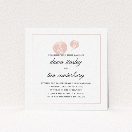 A wedding invite card called "Shanghai Nights". It is a square (148mm x 148mm) invite in a square orientation. "Shanghai Nights" is available as a flat invite, with tones of pink and white.