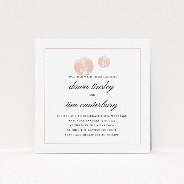 A wedding invite card called "Shanghai Nights". It is a square (148mm x 148mm) invite in a square orientation. "Shanghai Nights" is available as a flat invite, with tones of pink and white.