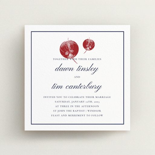 A wedding invite card design titled "Shanghai Nights". It is a square (148mm x 148mm) invite in a square orientation. "Shanghai Nights" is available as a flat invite, with tones of white, red and midnight blue.