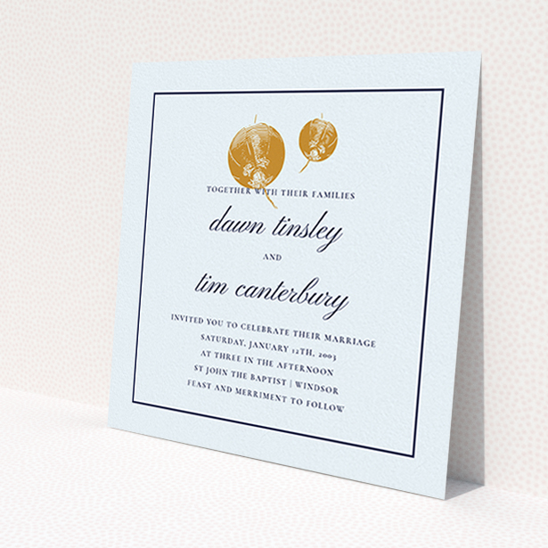 A wedding invite card design titled "Shanghai Nights". It is a square (148mm x 148mm) invite in a square orientation. "Shanghai Nights" is available as a flat invite, with tones of blue and gold.