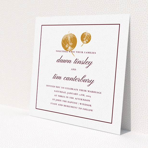 A wedding invite card design named "Shanghai Nights". It is a square (148mm x 148mm) invite in a square orientation. "Shanghai Nights" is available as a flat invite, with tones of gold and burgundy.